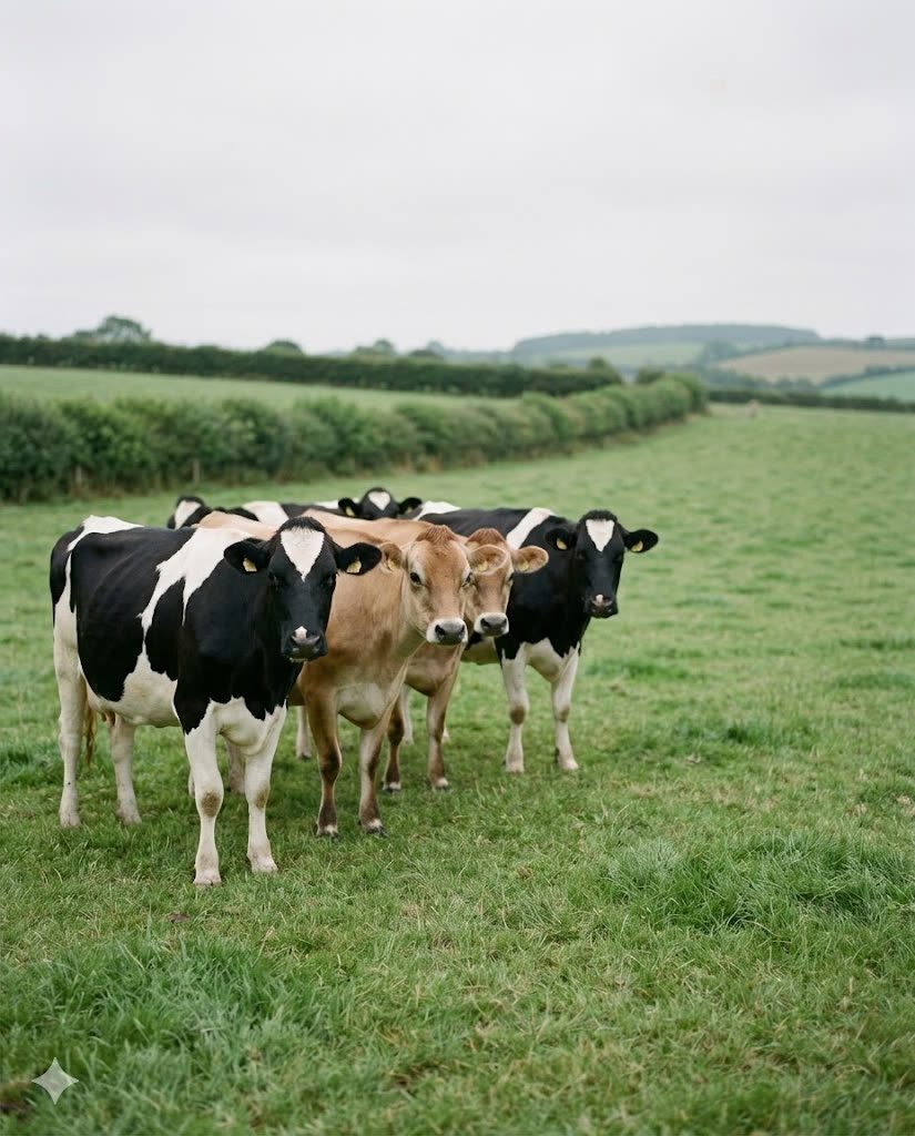 Small group of dairy cows in a hedged British pasture