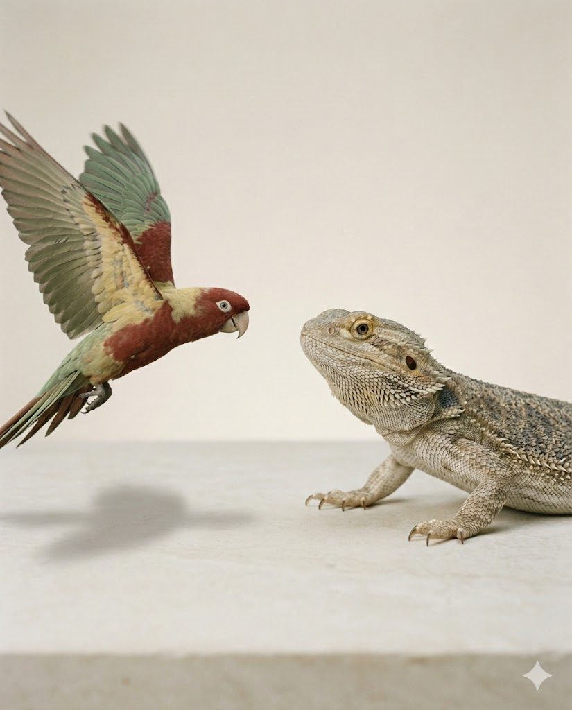 Bearded dragon and tropical parrot meeting on a pale stone surface
